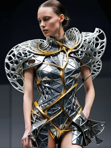 biomechanical,chainmail,harness cocoon,dyneema,cyberangels,harnessed,gaultier,openwork,materialise,glass wings,insectoid,foiling,chainlink,steel sculpture,female model,razor ribbon,plastron,asian costume,zauriel,mithril,Unique,Design,Character Design