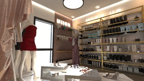 cosmetics counter,dress shop,beauty room,perfumery,shopwindow,boutique,hairdressing salon,beauty salon,boutiques,3d rendering,display window,brandy shop,kitchen shop,sewing room,dressingroom,salon,showroom,wine bar,showrooms,3d rendered