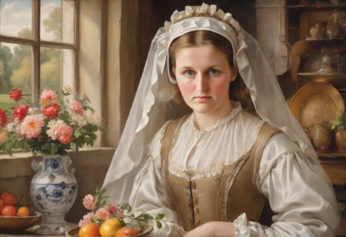 woman holding pie,maidservant,woman eating apple,girl with bread-and-butter,perugini,girl picking apples,girl in the kitchen,chambermaid,millais,sweerts,nelisse,mennonite,portrait of a woman,clergywoman,lucquin,englishwoman,milkmaid,noblewomen,portrait of a girl,mennonites,Digital Art,Impressionism