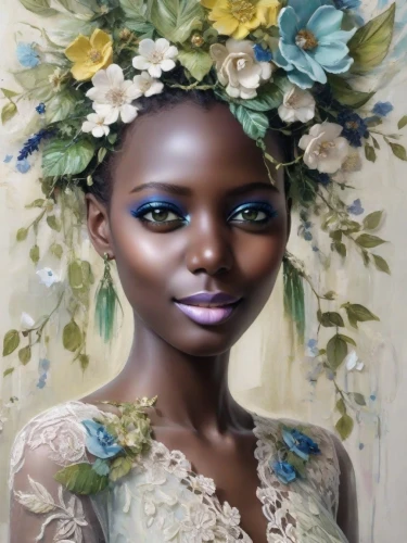 girl in a wreath,blooming wreath,floral wreath,wreath of flowers,linden blossom,flower girl,girl in flowers,flower fairy,flower wreath,flora,flowerhead,african daisies,oshun,danai,oil painting on canvas,beautiful bonnet,flower painting,flower crown,spring crown,rose wreath,Photography,Cinematic