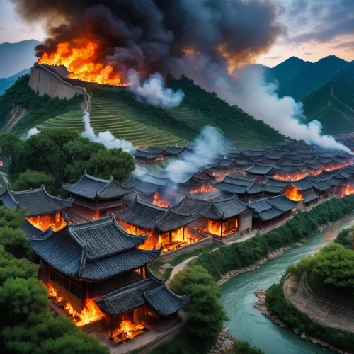 goryeo,fire in the mountains,goguryeo,wuyuan,taebaek,korean folk village,dongbuyeo,yongpyong,gyeong,south korea,hanhwa,maoyuan,burning house,namhong,gudeok,gungnyeo,huanglong,dragon fire,taechon,yonghe,Illustration,Realistic Fantasy,Realistic Fantasy 03