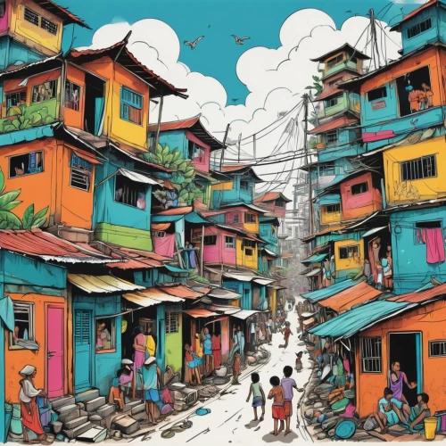 favelas,shantytowns,favela,township,slums,slum,dharavi,colorful city,urbanization,rocinha,colourful pencils,urbanizing,kibera,world digital painting,bayanihan,mud village,urbanisation,kariobangi,freetown,southeast asia,Illustration,Abstract Fantasy,Abstract Fantasy 13