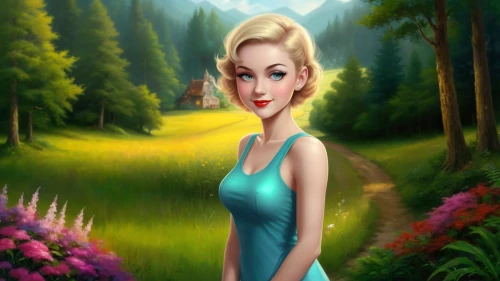 elsa,girl in a long dress,eilonwy,cartoon video game background,world digital painting,tinkerbell,blue jasmine,forest background,landscape background,fairy tale character,dorthy,spring background,springtime background,cute cartoon image,janna,nature background,photo painting,princess anna,fonteyn,golf course background