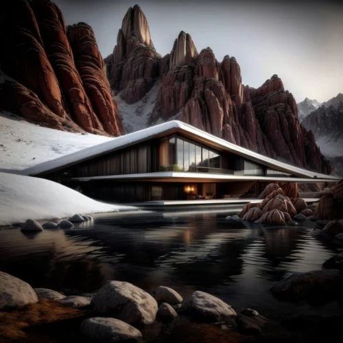 house in mountains,house in the mountains,futuristic landscape,malaparte,futuristic architecture,dunes house,futuristic art museum,calatrava,the cabin in the mountains,snohetta,boat house,mid century house,house with lake,alpine hut,amanresorts,kunplome,bjarke,modernism,boathouse,alpine restaurant