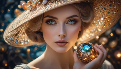 crystal ball-photography,crystal ball,fantasy portrait,golden apple,golden egg,magicienne,bejeweled,dewdrop,mystical portrait of a girl,perfumer,ostara,vintage woman,pysanka,drusy,galadriel,photomanipulation,faery,fantasy picture,the hat of the woman,semiprecious,Conceptual Art,Daily,Daily 32