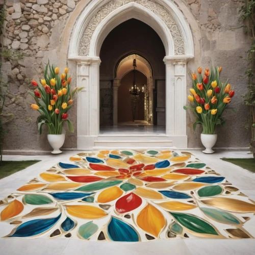 floral rangoli,rangoli,spanish tile,flower carpet,floor fountain,ceramic floor tile,moroccan pattern,ceramic tile,garden door,floor tile,pachisi,floral decorations,floor tiles,flower painting,flower wall en,mihrab,almond tiles,masseria,floral decoration,flower mandalas,Illustration,Realistic Fantasy,Realistic Fantasy 43