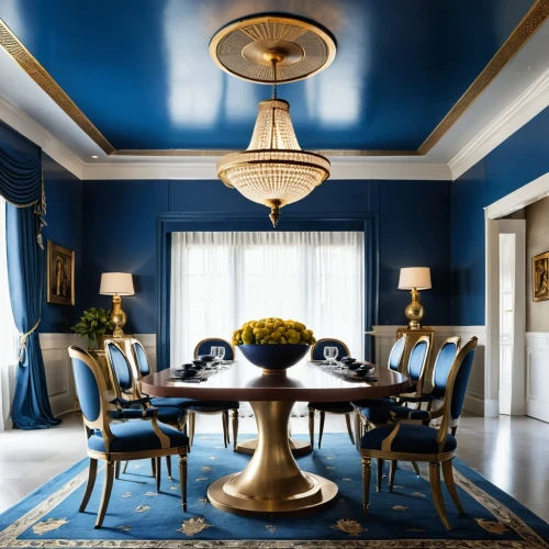 dining room table,blue room,dining room,royal blue,dark blue and gold,interior decoration,dining table,wallcoverings,blue lamp,mazarine blue,breakfast room,decors,interior decor,great room,coffered,navy blue,decorates,decoratifs,interior design,blue painting,Photography,General,Realistic