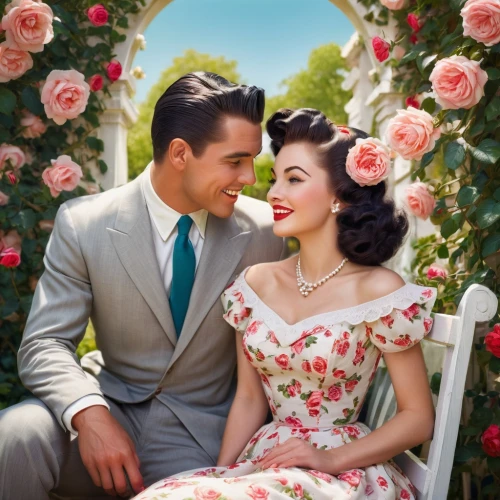 vintage man and woman,vintage boy and girl,50's style,valentine day's pin up,honeymoon,vintage 1950s,vintage flowers,disney rose,fifties,retro flowers,gwtw,rosebushes,beautiful couple,vintage floral,with roses,tretchikoff,colorization,valentine pin up,gone with the wind,romancing,Conceptual Art,Fantasy,Fantasy 04