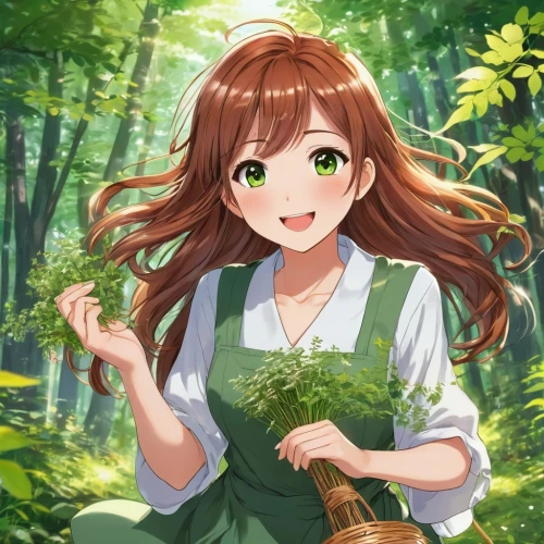 sanae,spring leaf background,forest background,holding flowers,midori,mikuru asahina,green summer,spring background,saori,akano,chihiro,flower background,hasumi,pinya,lily of the field,forest clover,green wallpaper,tokiko,riko,chieri,Illustration,Japanese style,Japanese Style 19