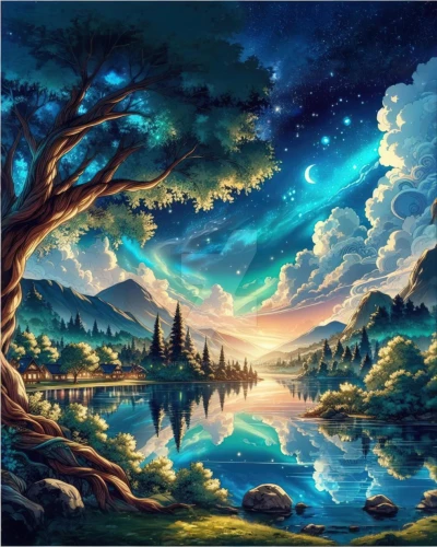 fantasy landscape,landscape background,fantasy picture,nature background,nature wallpaper,dreamscape,evening lake,fantasy art,forest landscape,river landscape,world digital painting,nature landscape,cartoon video game background,alfheim,background images,an island far away landscape,starry night,forest background,fairy world,cielo