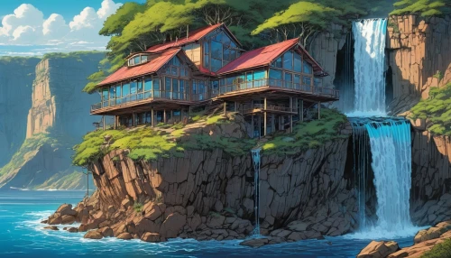 cliffside,house with lake,house by the water,dreamhouse,house in mountains,house of the sea,ghibli,house in the mountains,studio ghibli,floating island,aqua studio,cliffs ocean,home landscape,summer cottage,butka,cottage,house in the forest,forest house,seaside resort,seclude,Illustration,Abstract Fantasy,Abstract Fantasy 23