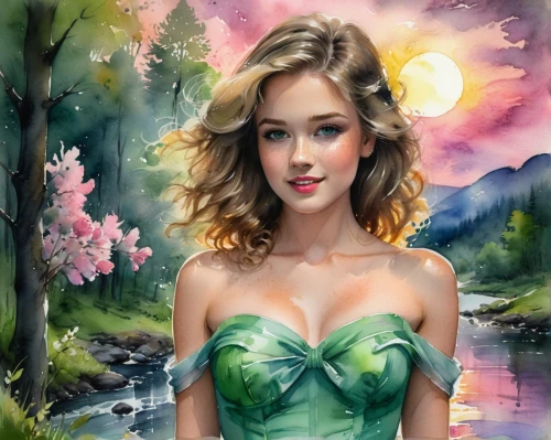 fantasy portrait,watercolor background,water nymph,lotus art drawing,photo painting,world digital painting,fantasy picture,faerie,girl on the river,fantasy art,kupala,watercolor pin up,the blonde in the river,background ivy,watercolor painting,digital painting,jolin,spring leaf background,art painting,springtime background,Illustration,Paper based,Paper Based 25