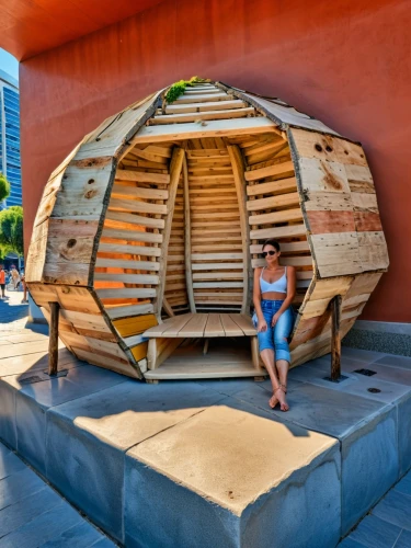 wood doghouse,covered wagon,space capsule,round hut,wooden sauna,capsule,privies,toroid,pilgrim shell,shelterbox,wooden boat,mexican hat,boatbuilding,insect house,round house,pizza oven,children's playhouse,wooden drum,wooden wagon,wooden carriage,Photography,General,Realistic