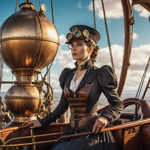steampunk,steampunk gears,hornblower,victoriana,yachtswoman,sea fantasy,barranger,aviatrix,skyship,victorianism,capitaine,caravel,airship,crewmember,barnstormer,merchantman,commandeer,seafaring,viscountess,windlass