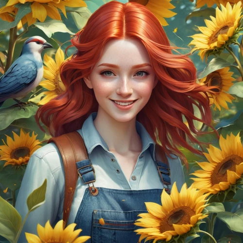 flower and bird illustration,girl in flowers,behenna,sunflowers,autumn icon,triss,heatherley,sunflower,beautiful girl with flowers,girl picking flowers,flower painting,donsky,sunflower coloring,fantasy portrait,seelie,chudinov,flower art,romantic portrait,welin,clary,Illustration,Realistic Fantasy,Realistic Fantasy 15