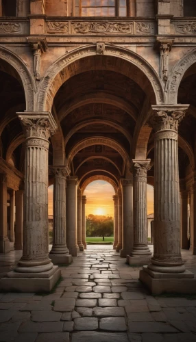 colonnades,colonnade,certosa di pavia,cloister,archways,arcaded,pillars,loggia,portico,peristyle,porticos,arches,columns,three pillars,mantova,roman columns,verona,universita,porticoes,bologna,Illustration,Realistic Fantasy,Realistic Fantasy 41