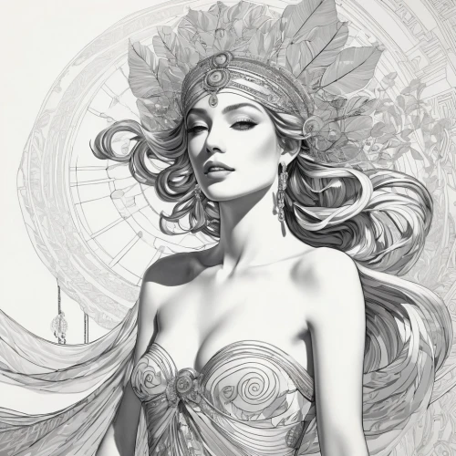 amphitrite,diwata,mucha,bacchante,lineart,headdress,viveros,krita,persephone,aphrodite,art deco woman,margaery,boho art style,melusine,line art,mono line art,underdrawing,ariadne,maenads,sigyn,Illustration,Abstract Fantasy,Abstract Fantasy 08