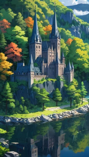 fairy tale castle,nargothrond,fairytale castle,knight's castle,studio ghibli,castle,hogwarts,ghibli,monastery,medieval castle,castlelike,sylvania,knight village,castle keep,castletroy,alfheim,gondolin,burg,house in the forest,gold castle,Illustration,Japanese style,Japanese Style 03