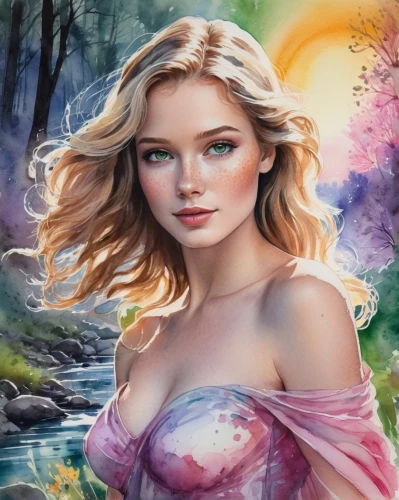 fantasy art,world digital painting,fantasy portrait,fantasy picture,galadriel,faerie,the blonde in the river,kupala,fae,celtic woman,fairy tale character,faery,fairie,photo painting,ellinor,fantasy woman,landscape background,digital painting,watercolor background,ostara,Illustration,Paper based,Paper Based 25