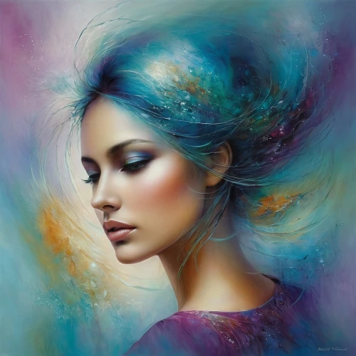 mystical portrait of a girl,fantasy art,fantasy portrait,art painting,boho art,faery,dream art,dreamscapes,blue moon rose,world digital painting,oil painting on canvas,markarian,bergersen,woman thinking,faerie,dreamtime,boho art style,peinture,inner beauty,fathom,Conceptual Art,Daily,Daily 32