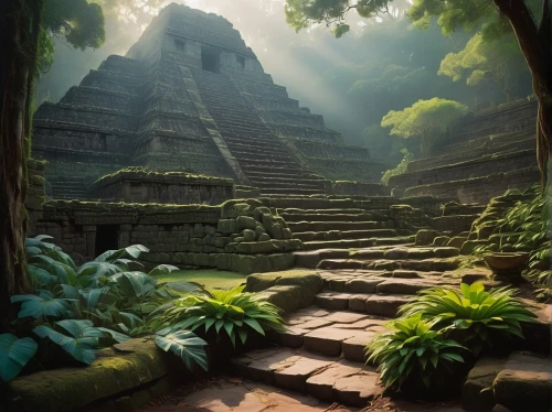 yavin,palenque,mayan,amazonica,tikal,aztecas,azteca,calakmul,chichen itza,step pyramid,rathas,pakal,yaxchilan,escalera,escaleras,copan,mesoamerican,ancient city,pachamama,vimana,Illustration,Retro,Retro 09