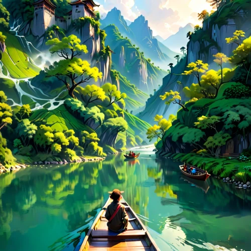 boat landscape,canoeing,world digital painting,cartoon video game background,shaoming,canoed,fantasy landscape,canoes,uncharted,boat rapids,landscape background,dragon boat,canoe,river landscape,beautiful wallpaper,floating islands,raft,floating on the river,wuyi,canoer,Anime,Anime,Cartoon