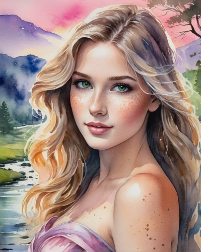 watercolor background,fantasy portrait,world digital painting,margairaz,fantasy art,galadriel,landscape background,ellinor,photo painting,fantasy picture,portrait background,the blonde in the river,behenna,watercolor women accessory,mermaid background,celtic woman,girl on the river,natural cosmetic,digital painting,romantic portrait,Illustration,Paper based,Paper Based 25