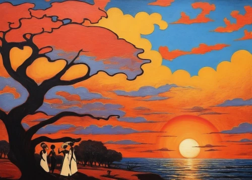 loving couple sunrise,khokhloma painting,indigenous painting,oil painting on canvas,honeymoon,tangerine tree,vintage couple silhouette,art painting,african art,romantic scene,red sun,dubbeldam,marciulionis,rising sun,orange tree,sunset,magritte,tequila sunrise,couple silhouette,unset,Illustration,Realistic Fantasy,Realistic Fantasy 21