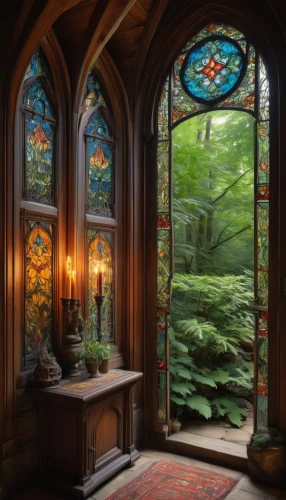 stained glass windows,wood window,stained glass,alcove,the window,victorian room,stained glass window,ornate room,glass window,forest chapel,window,wooden windows,fairy tale castle,the threshold of the house,fairytale castle,dandelion hall,windowpanes,window to the world,castle windows,rivendell,Illustration,Abstract Fantasy,Abstract Fantasy 18