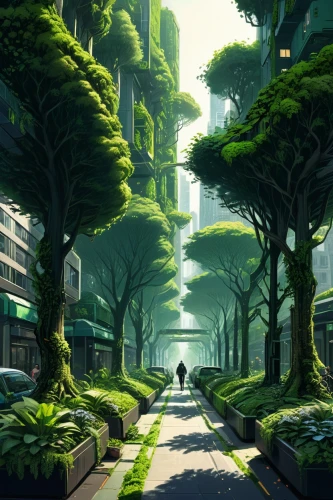 futuristic landscape,green forest,forest road,cartoon video game background,ecotopia,tree-lined avenue,greenforest,green trees,cartoon forest,biopolis,verdant,tree canopy,uzak,streamwood,pathway,environment,virtual landscape,environments,tram road,tree grove,Illustration,Realistic Fantasy,Realistic Fantasy 25