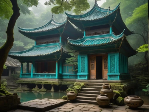 asian architecture,teal blue asia,buddhist temple,teahouse,world digital painting,oriental,yiping,qibao,japanese shrine,oriental painting,ancient house,dojo,water palace,hall of supreme harmony,qingcheng,teahouses,temple,haiping,shaoming,wudang,Illustration,Retro,Retro 16