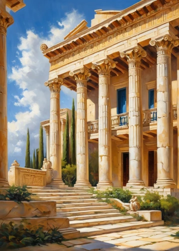 celsus library,celsus,greek temple,ephesus,leptis,laodicea,artemis temple,jerash,dougga,ancient city,acropolis,baalbek,house with caryatids,palmyra,neoclassical,the ancient world,egyptian temple,zappeion,segesta,classical antiquity,Conceptual Art,Oil color,Oil Color 22