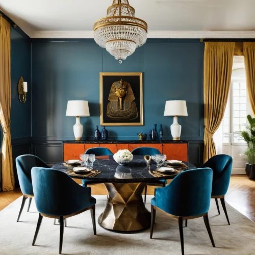 dining room table,blue room,berkus,dining table,dining room,contemporary decor,mazarine blue,mahdavi,interior decor,modern decor,interior decoration,dark blue and gold,navy blue,breakfast room,interior design,blue lamp,fromental,royal blue,mid century modern,great room,Photography,Documentary Photography,Documentary Photography 14