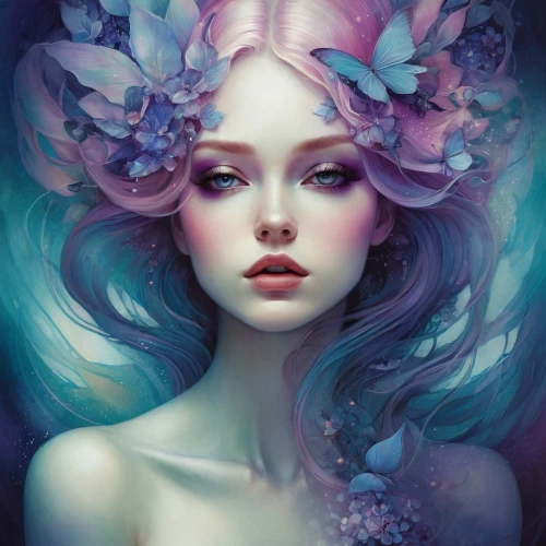 lilac blossom,fantasy portrait,flower fairy,faery,faerie,persephone,fairy queen,seelie,mystical portrait of a girl,mermaid vectors,flora,elven flower,lilac flower,undine,fairie,fantasy art,fae,diwata,kommuna,digital painting,Illustration,Realistic Fantasy,Realistic Fantasy 15