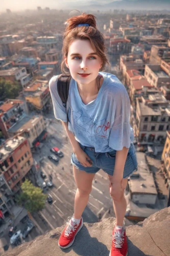 giantess,girl in t-shirt,on the roof,marzia,annabeth,city ​​portrait,kazzia,raimi,above the city,bologna,skater,atop,florentina,alisa,liora,milanka,pisa,nea,girl making selfie,milan,Photography,Realistic