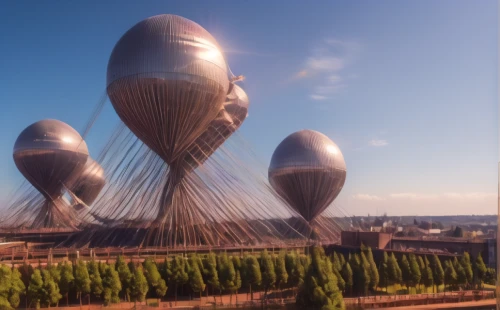 futuroscope,futuristic architecture,spheres,ordos,futuristic art museum,steel sculpture,arcology,solar cell base,pelecypods,biospheres,sculpture park,odomes,europan,futuristic landscape,airships,hyperboloid,ecotopia,copperopolis,heatherwick,sky space concept