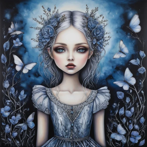 white rose snow queen,the snow queen,blue enchantress,blue snowflake,fairy queen,behenna,blue butterfly,blue butterflies,fairie,faery,blue moon rose,blue rose,flower fairy,faerie,blue petals,mystical portrait of a girl,little girl fairy,forget me not,undine,ice queen,Illustration,Abstract Fantasy,Abstract Fantasy 14