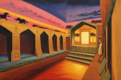 caravanserais,caravanserai,caravansary,chirico,night scene,underpass,archways,church painting,arcaded,khokhloma painting,archway,mohaddessin,breezeway,derain,stables,corridors,oil on canvas,passageway,hollywood metro station,wall painting,Illustration,Realistic Fantasy,Realistic Fantasy 21