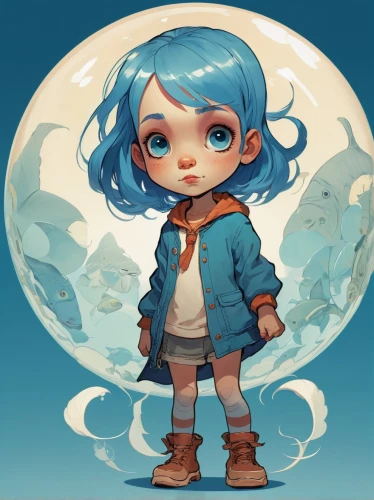 coraline,girl with speech bubble,chibi girl,astronomer,karou,clementine,moonstone,glass orb,frosta,cyan,puddle,kids illustration,moon shine,evie,snowsuit,cielo,snowglobe,globular,astronaut,bubble,Illustration,Children,Children 04