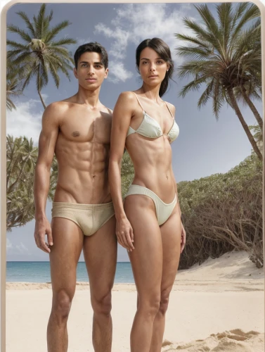 adam and eve,polykleitos,image manipulation,derivable,objectification,beach background,beachwear,parejas,beachgoers,compositing,shobna,pareja,floresiensis,cuerpos,maspalomas,photomontages,photoshop manipulation,stanozolol,liposuction,body building