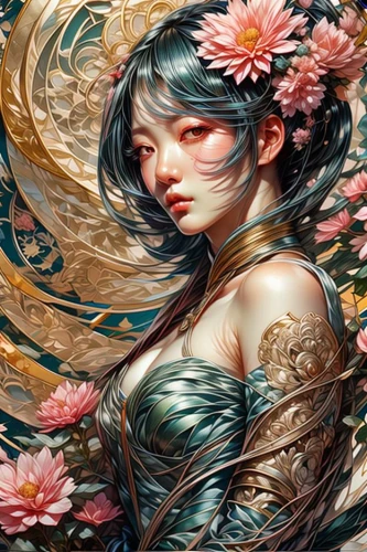 kommuna,jasmine blossom,flower fairy,japanese floral background,flora,japanese art,oriental princess,fallen petals,amano,hoshihananomia,fairie,girl in flowers,petals,persephone,lotus blossom,floral japanese,geisha,oriental girl,falling flowers,fantasy portrait