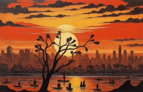 red sun,oil painting on canvas,orange sky,manhattan skyline,post-apocalyptic landscape,art painting,oil on canvas,lacombe,ohudson,goodsell,new york skyline,danshui,david bates,orange tree,uncredited,oil painting,coastal landscape,unset,etobicoke,feitelson,Illustration,Realistic Fantasy,Realistic Fantasy 21