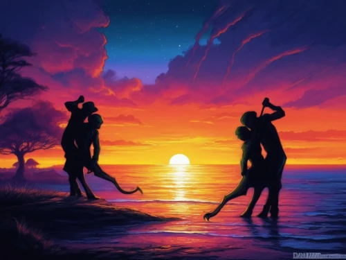 couple silhouette,silhouette art,dance silhouette,shadowclan,kupala,dusk background,silhouettes,art silhouette,thunderclan,fantasy picture,jazz silhouettes,starclan,silhouette,rainbow jazz silhouettes,mouse silhouette,soir,cat silhouettes,dusk,rafiki,akumal,Illustration,Realistic Fantasy,Realistic Fantasy 25