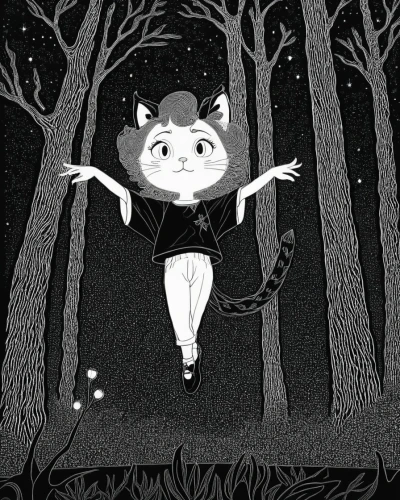 ballerina in the woods,the night of kupala,noctule,forest animal,racoon,tightrope,raccoon,opossum,possum,tightrope walker,halloween illustration,trapeze,in the forest,book illustration,dormouse,haunted forest,fairie,queen of the night,persephone,tanuki,Illustration,Black and White,Black and White 21