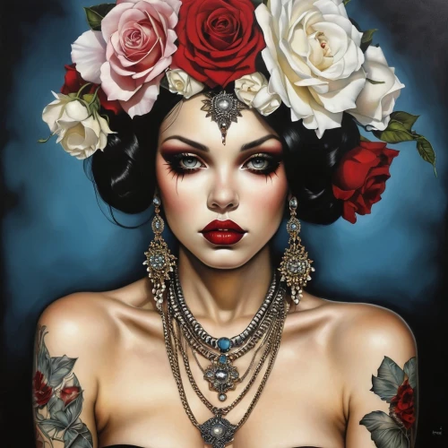 viveros,chicana,baroness,widow flower,tattoo girl,porcelain rose,fantasy art,vanderhorst,geisha girl,oriental princess,red rose,persephone,red roses,rasputina,boho art style,painted lady,countess,queen of hearts,fantasy portrait,tattooist,Illustration,Realistic Fantasy,Realistic Fantasy 10