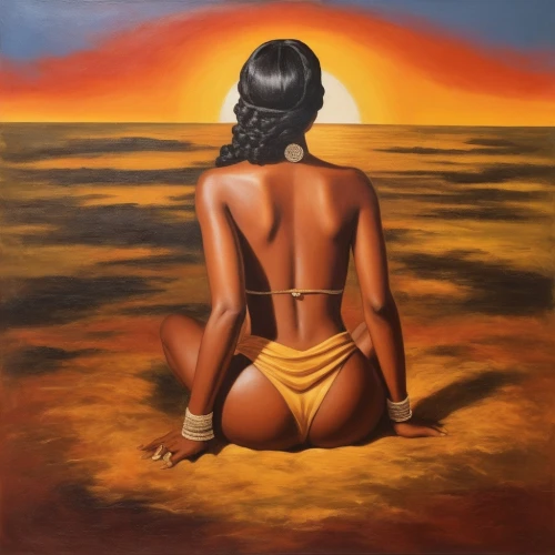 indigenous painting,girl on the dune,oil painting on canvas,polynesian girl,oil on canvas,oil painting,broncefigur,woman thinking,african woman,oshun,beach landscape,tretchikoff,mexican painter,golden sands,bather,bronzing,heiau,chicana,peruvian women,african art,Illustration,Realistic Fantasy,Realistic Fantasy 21