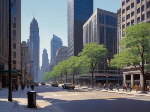 streeterville,pedestrianized,chicago,city scape,rittenhouse,business district,dearborn,streetscapes,streetscape,cityline,tishman,financial district,chicagoland,city highway,5th avenue,chestnut avenue,tree-lined avenue,street view,liveability,cityscapes,Illustration,Retro,Retro 07
