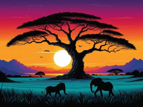 serengeti,africa,africano,baobabs,afrique,safari,east africa,afrika,africas,tree silhouette,zambezian,africaines,tanzanian,africain,animal silhouettes,africanized,afrikan,tanzania,adansonia,african elephants,Illustration,Realistic Fantasy,Realistic Fantasy 25