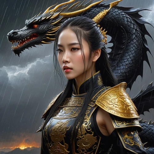 moondragon,golden dragon,black dragon,dragon,sunzha,lezha,rongfeng,dragon of earth,dralion,female warrior,qilin,wulin,shenghua,khenin,fantasy art,xiaowen,guangzhao,sanxia,xiaomei,xianwen,Illustration,Realistic Fantasy,Realistic Fantasy 03