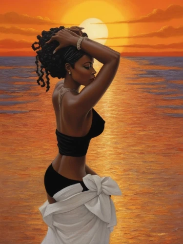 oshun,vettriano,african american woman,african woman,polynesian girl,woman silhouette,oil painting on canvas,the sea maid,oil painting,black woman,art painting,beautiful african american women,sun of jamaica,african art,world digital painting,melanin,cape verde island,sunset glow,ledisi,sunset,Illustration,Realistic Fantasy,Realistic Fantasy 21